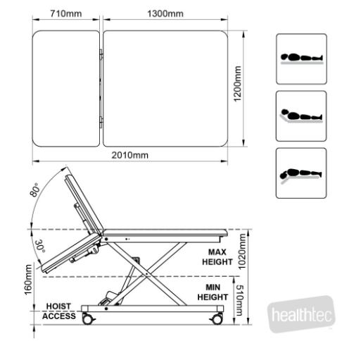 Healthtec HT Ultimate Bobath Table (1210 wide) - Two Section w/Electric Backrest -30° to +80° & Castors 200KG SWL