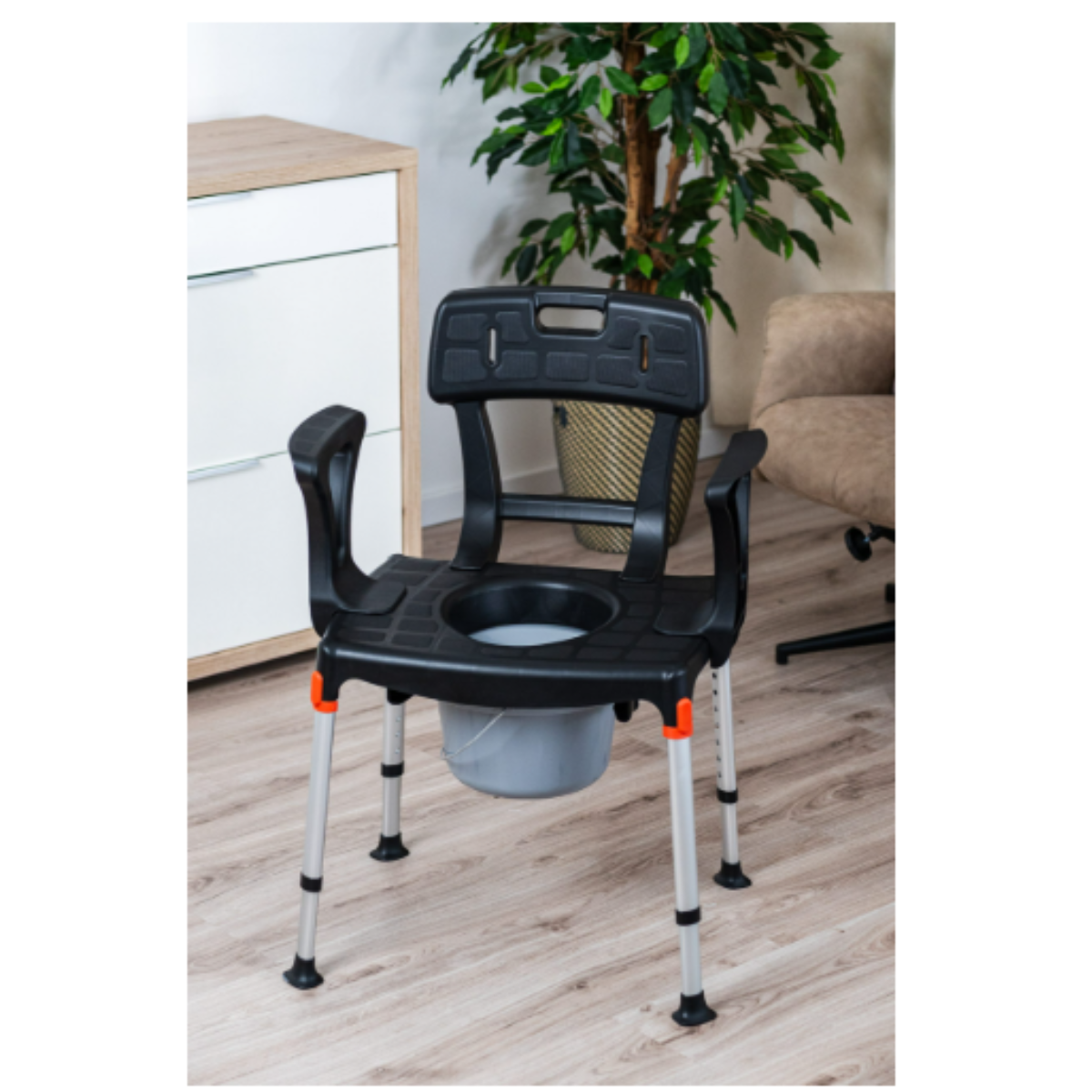 King Commode Chair with Backrest & Armrests & Bucket, Black, No Cushion