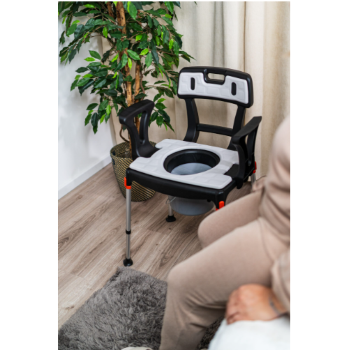 King Commode Chair with Backrest & Armrests & Bucket, Black, No Cushion