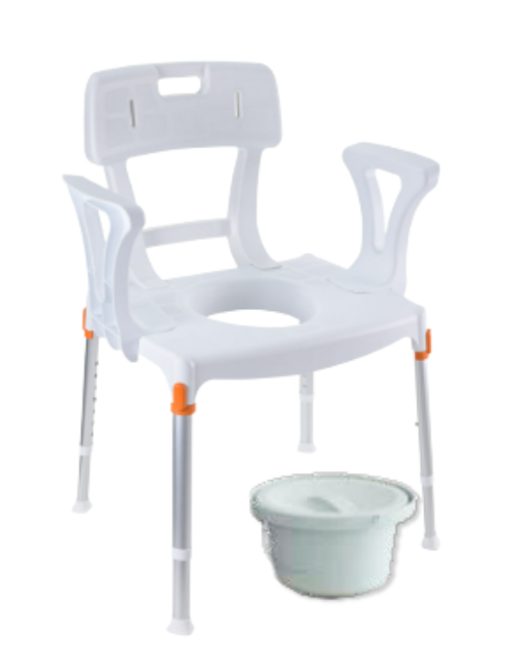 King Commode Chair with Backrest & Armrests & Bucket, White, No Cushion