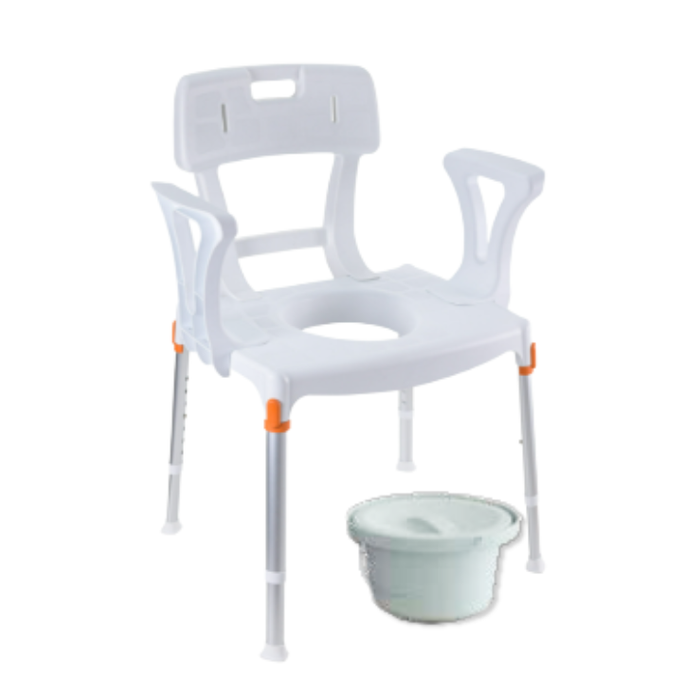 King Commode Chair with Backrest & Armrests & Bucket, White, No Cushion