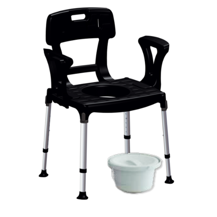 King Commode Chair with Backrest & Armrests & Bucket, Black, No Cushion